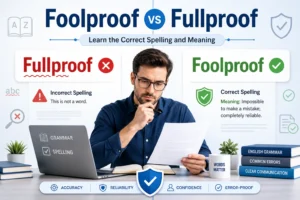 Split-screen grammar illustration showing Fullproof as incorrect and Foolproof as correct with spelling and error indicators.