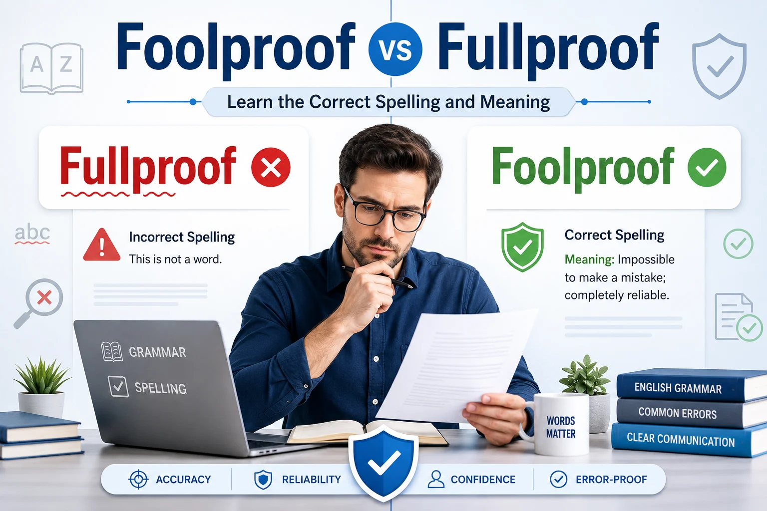 Split-screen grammar illustration showing Fullproof as incorrect and Foolproof as correct with spelling and error indicators.