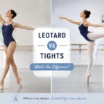 Split-screen image showing a dancer in a leotard on the left focusing on posture and upper-body alignment, and a dancer in tights on the right emphasizing leg movement and flexibility, titled “Leotard vs Tights.”
