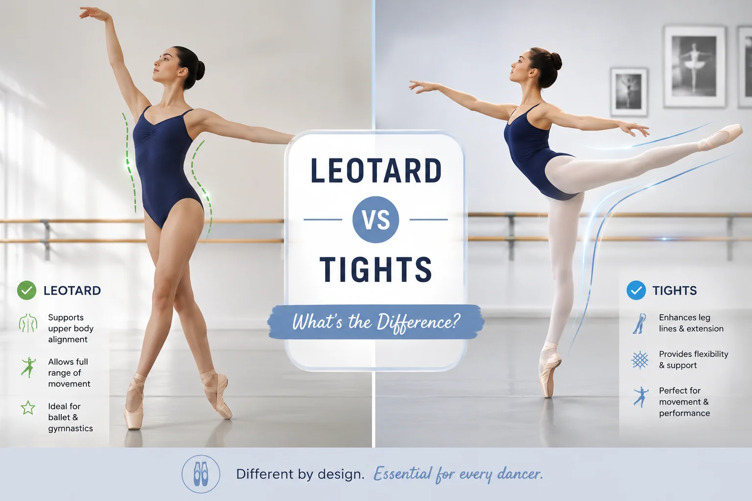 Split-screen image showing a dancer in a leotard on the left focusing on posture and upper-body alignment, and a dancer in tights on the right emphasizing leg movement and flexibility, titled “Leotard vs Tights.”