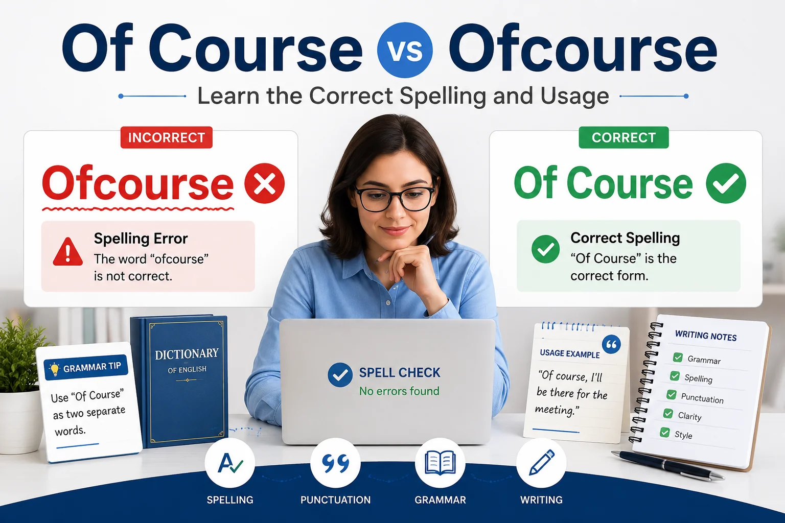 Split-screen grammar illustration showing Ofcourse as incorrect and Of Course as correct with editing and spell-check elements.