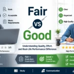 Fair vs Good comparison showing basic performance versus high-quality performance in work, communication, and productivity contexts.