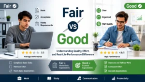 Fair vs Good comparison showing basic performance versus high-quality performance in work, communication, and productivity contexts.