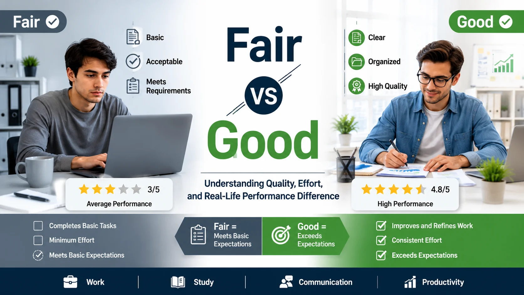 Fair vs Good comparison showing basic performance versus high-quality performance in work, communication, and productivity contexts.