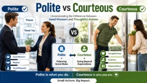 Polite vs Courteous comparison showing good manners, social etiquette, kindness, empathy, and thoughtful actions in everyday situations.
